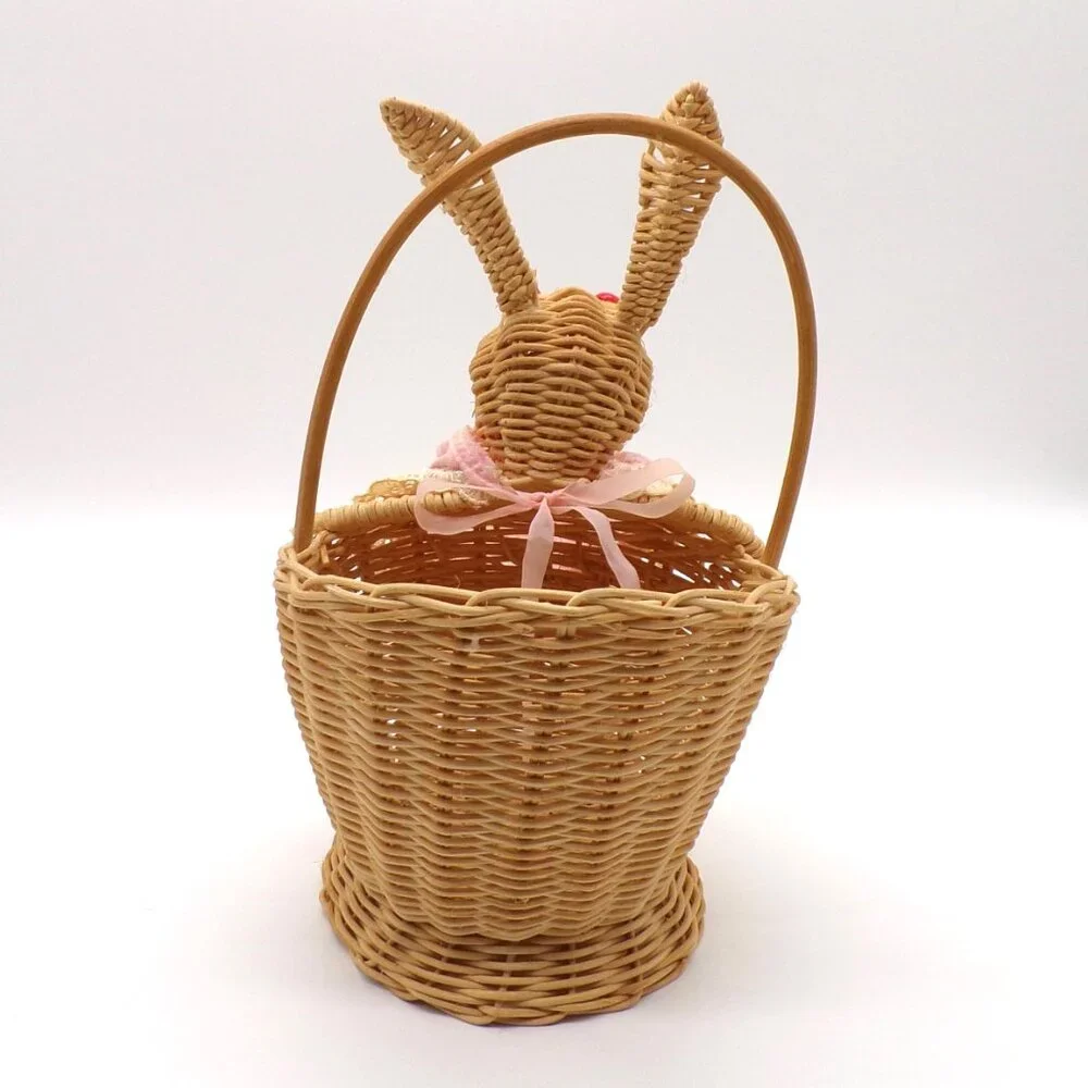 VTG Bunny Rabbit Basket Apron Wicker Woven Cottagecore Kitchen Decor Tabletop